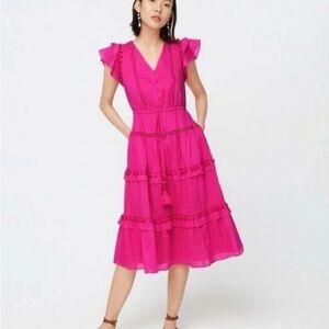 J. Crew Vibrant Pink pom pom flutter sleeve Midi Dress